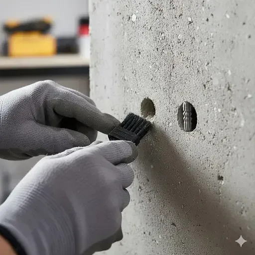 Person cleaning a drilled hole in a concrete wall and inserting a plastic anchor for a secure fix