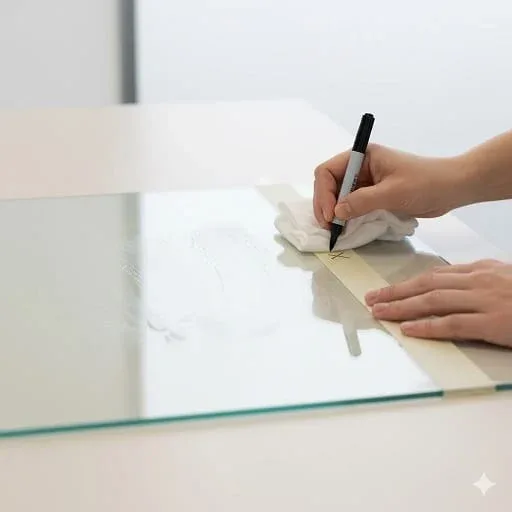 Hand wiping a glass panel and marking the drilling spot on masking tape with a marker