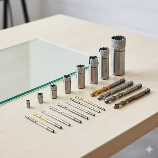 Diamond-tipped hole saws and spear-point drill bits laid out next to a sheet of glass on a work table