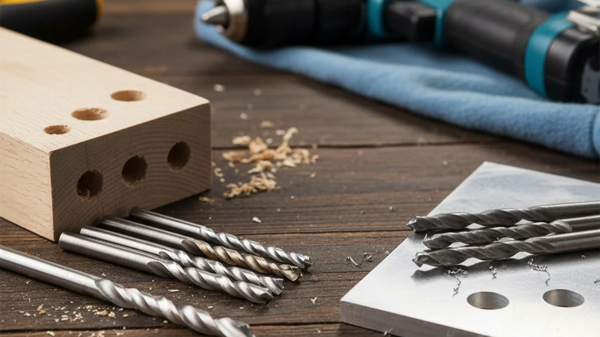 A workbench displays the visual difference between wood and metal drill bits placed side by side.