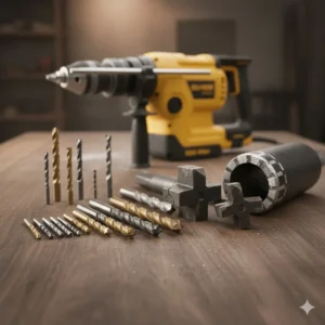 Assorted concrete drill bits, SDS-Plus and diamond core bits laid out on a wooden workbench with a yellow rotary hammer in the background