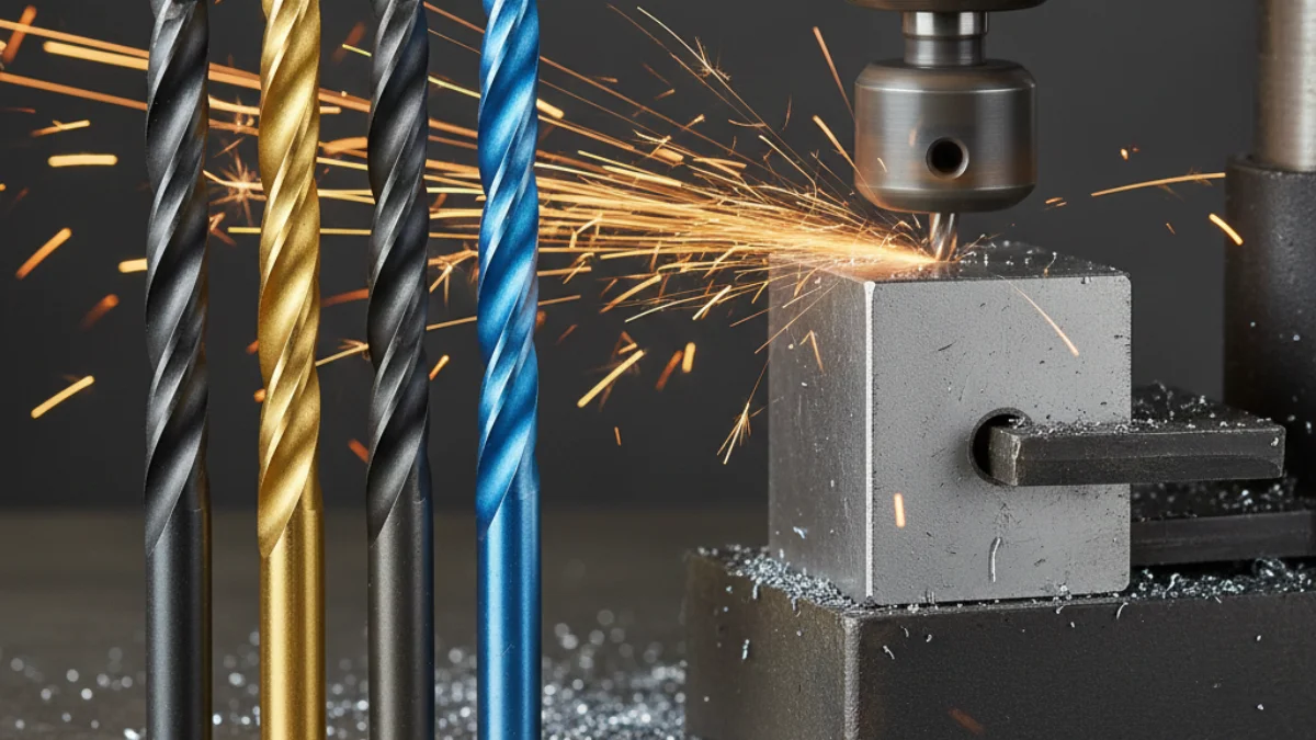 The strongest drill bits sit on a wooden surface near a drill and red brick.