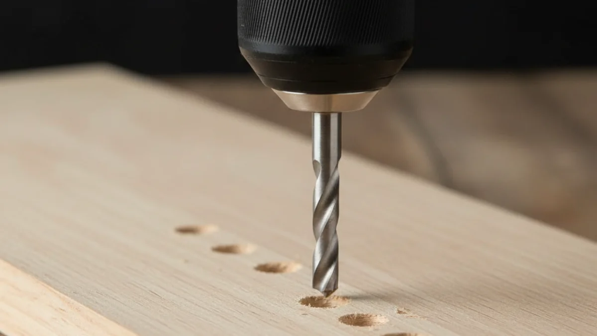 Brad point drill bits rest on a wooden workbench next to a plank with clean holes.