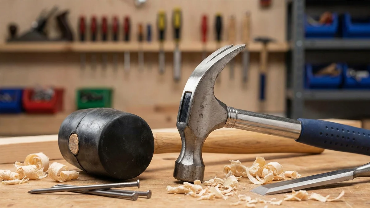 Various types of hammer arranged on a rustic wooden workbench with nails and wood shavings.
