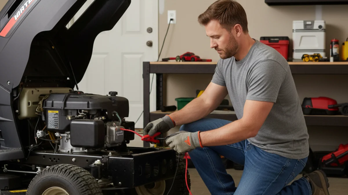 Charging a lawn mower battery using red and black clamps connected to a charger