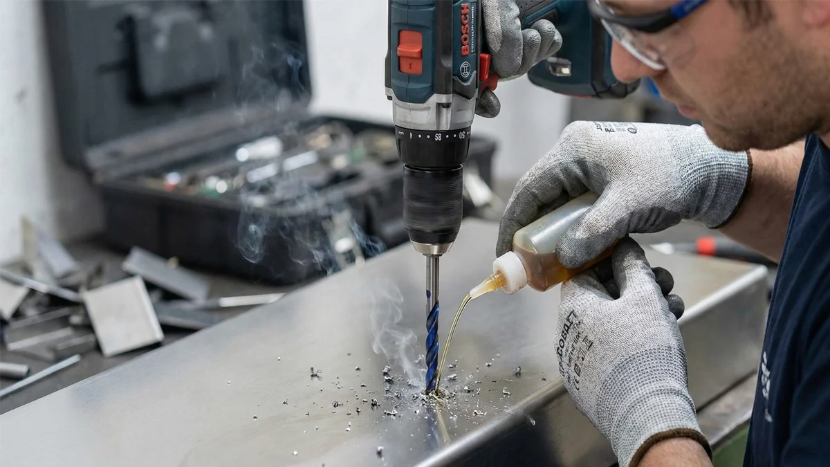 A person demonstrates how to drill stainless steel using a power drill and lubricant.