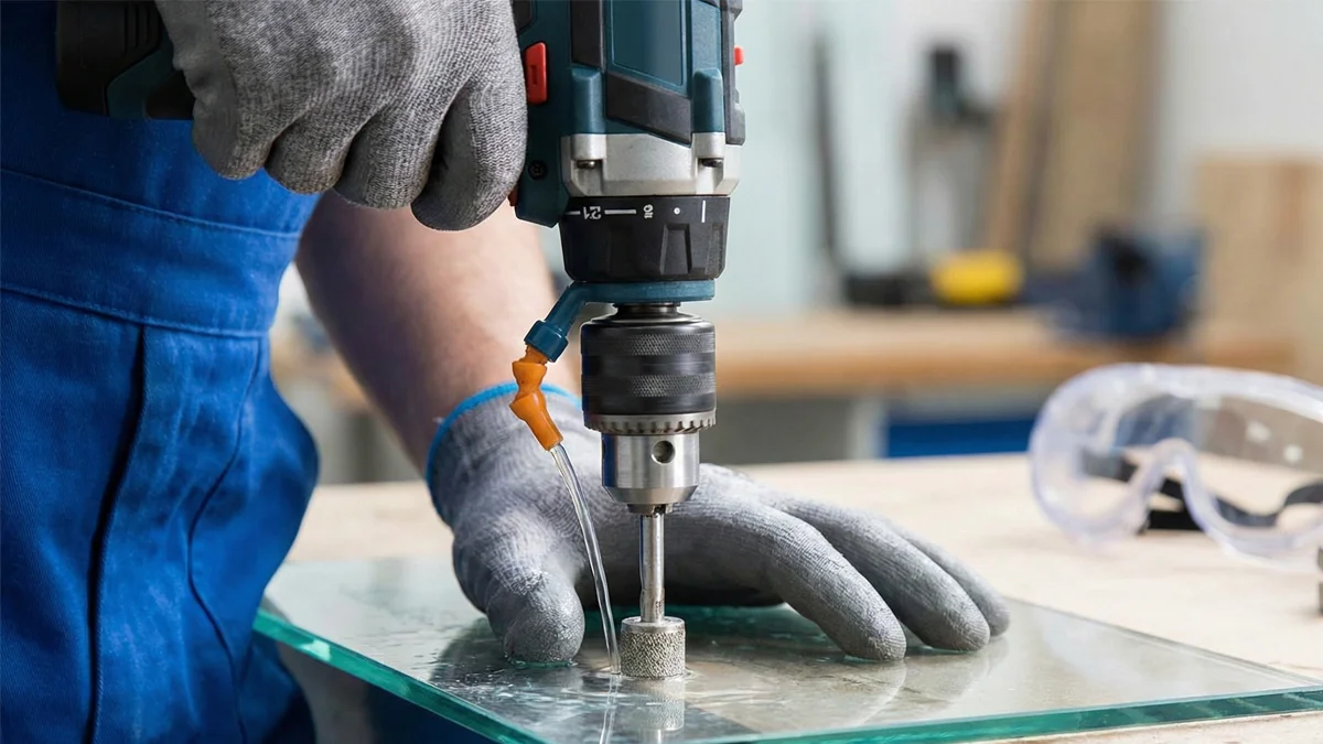 Close-up of a person with gloved hands using a power drill to drill a hole in tempered glass.