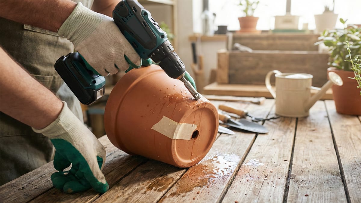 Gloved hands demonstrate how to drill a hole in a ceramic pot using a cordless drill.