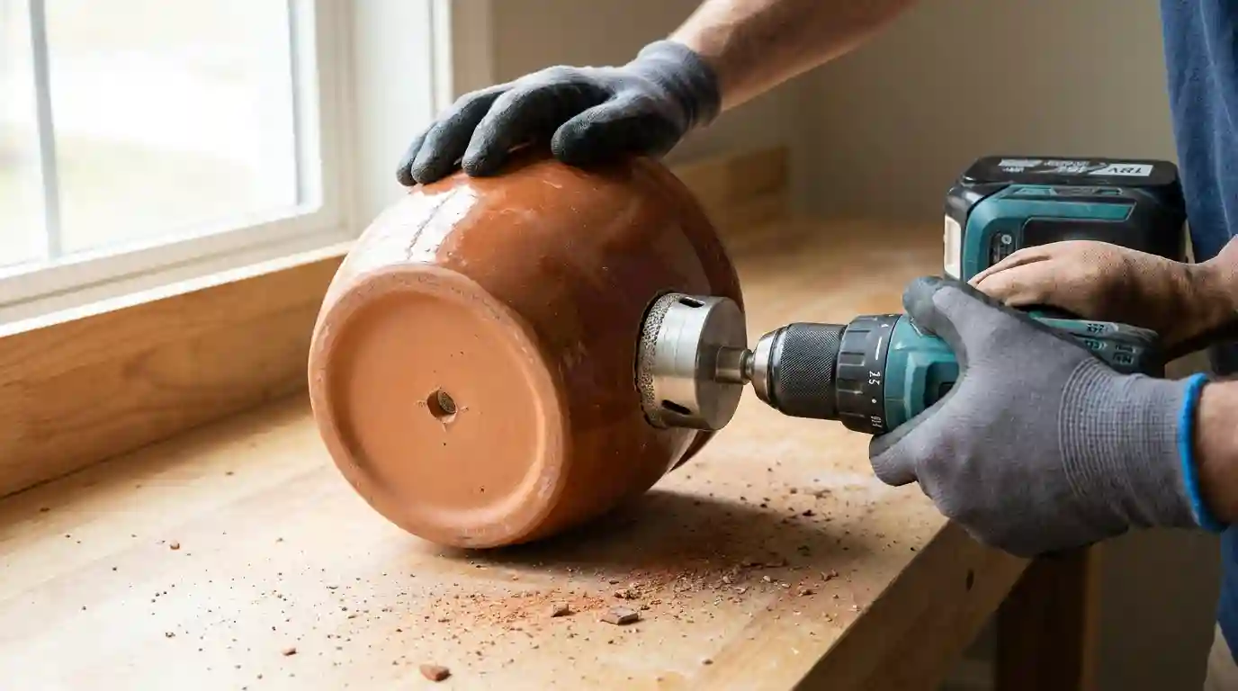Drilling a drainage hole in a ceramic pot with a diamond bit