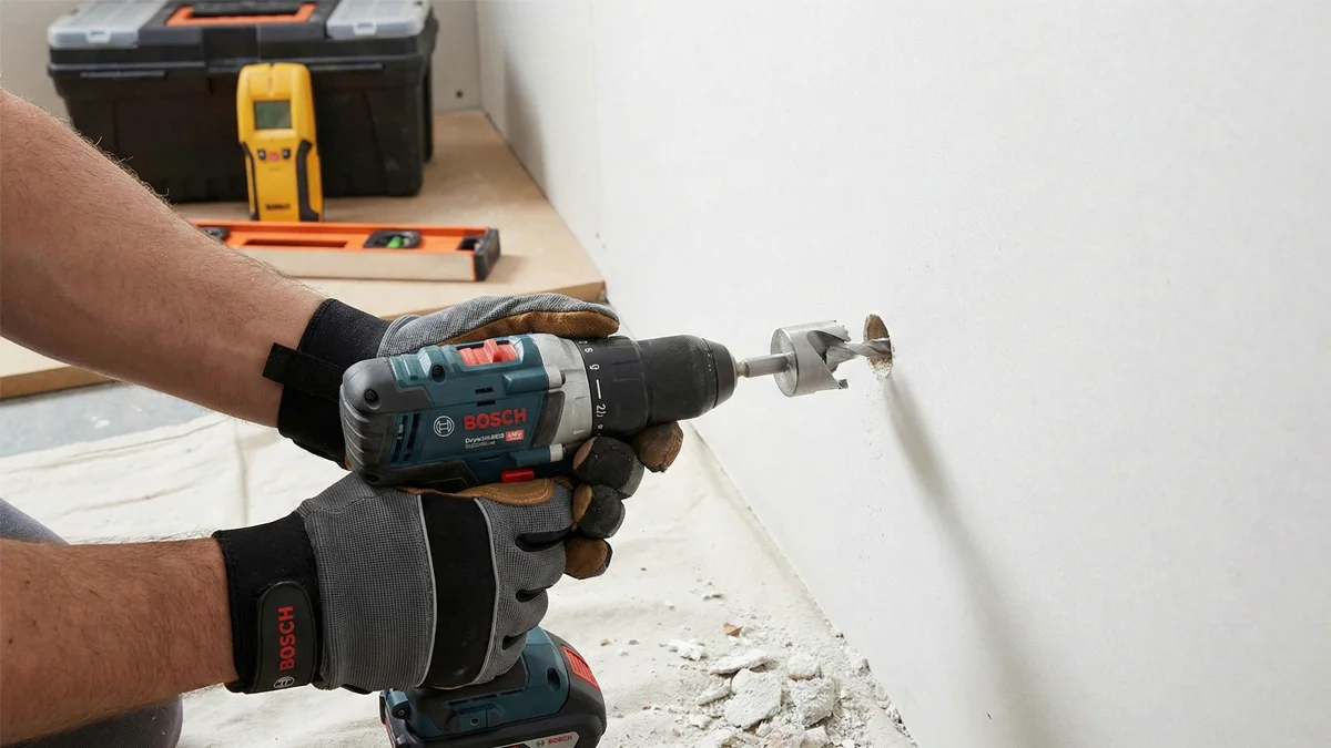 Gloved hands demonstrate how to drill into drywall using a cordless power drill and hole saw.