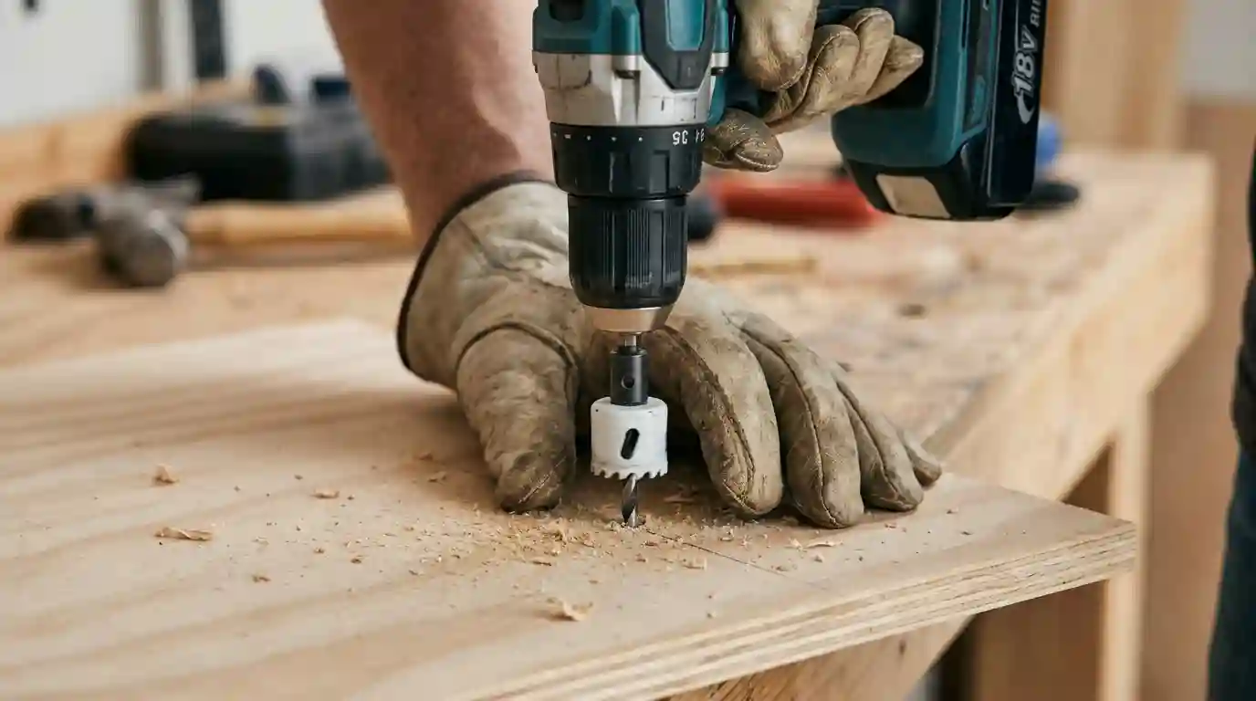 Drilling a pilot hole in wood before driving a screw