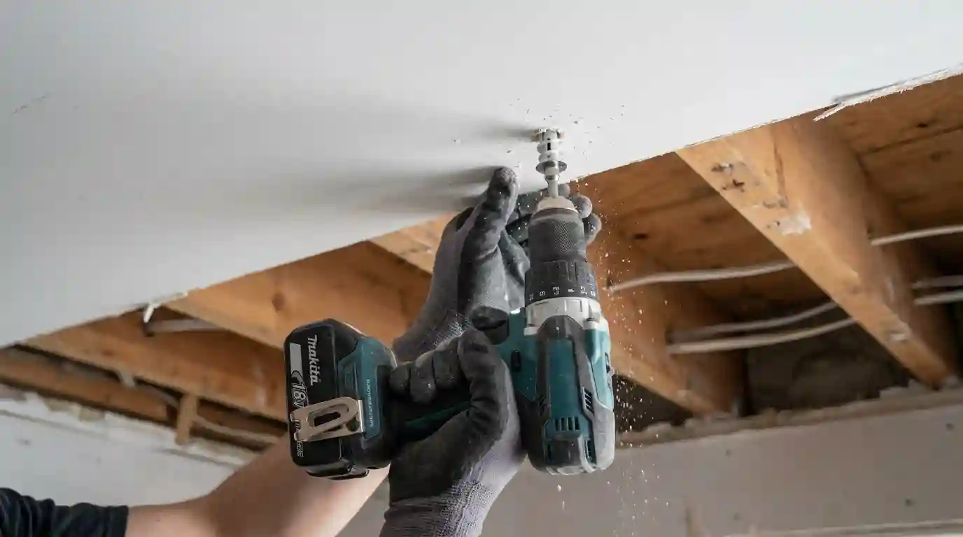 Drilling into drywall with a cordless drill and wall anchor