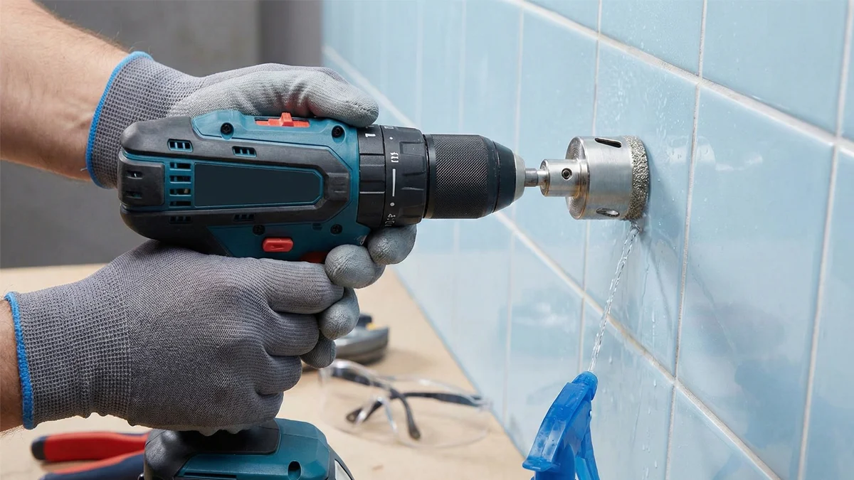 A person with gloved hands demonstrates how to drill into tile using a power drill and water coolant.