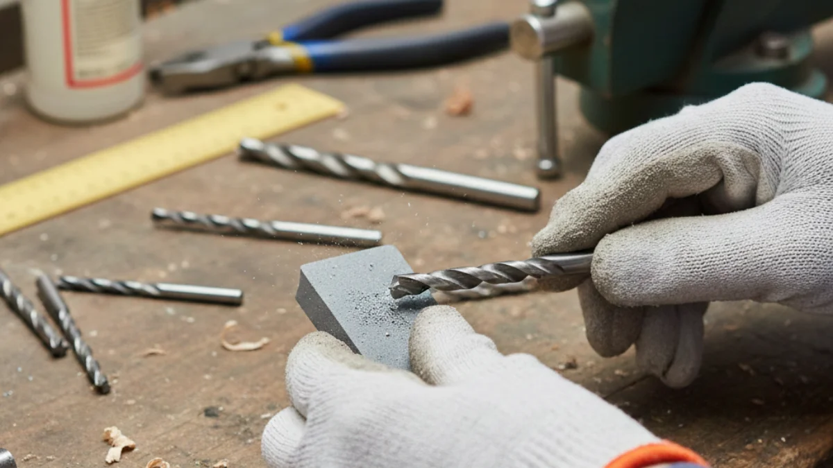 Gloved hands hold a metal bit against a stone, showing how to sharpen drill bits by hand.