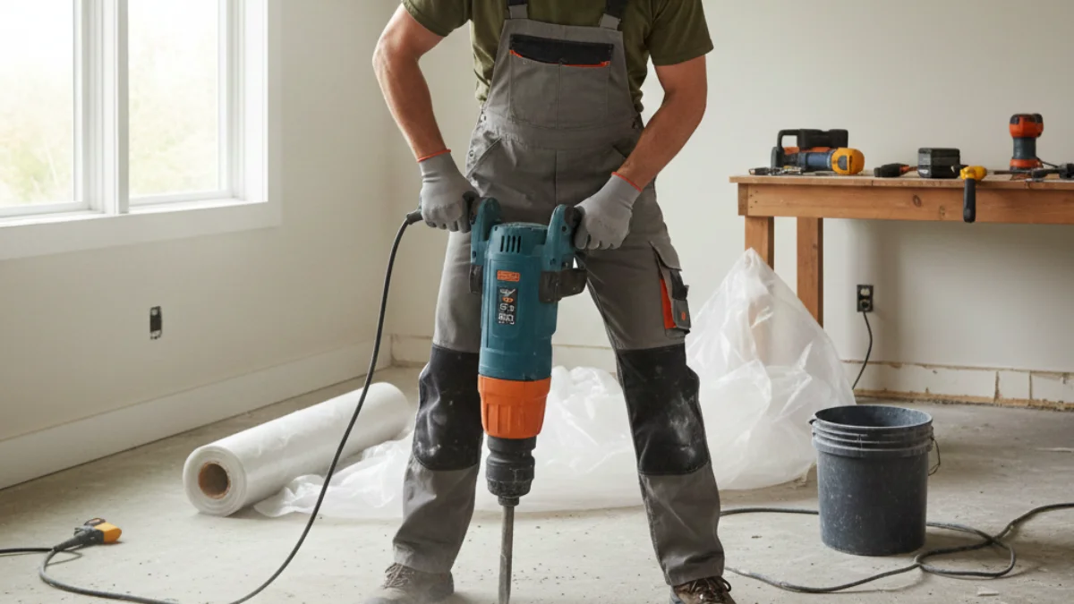 A man Use a Demolition Hammer to Remove Tile