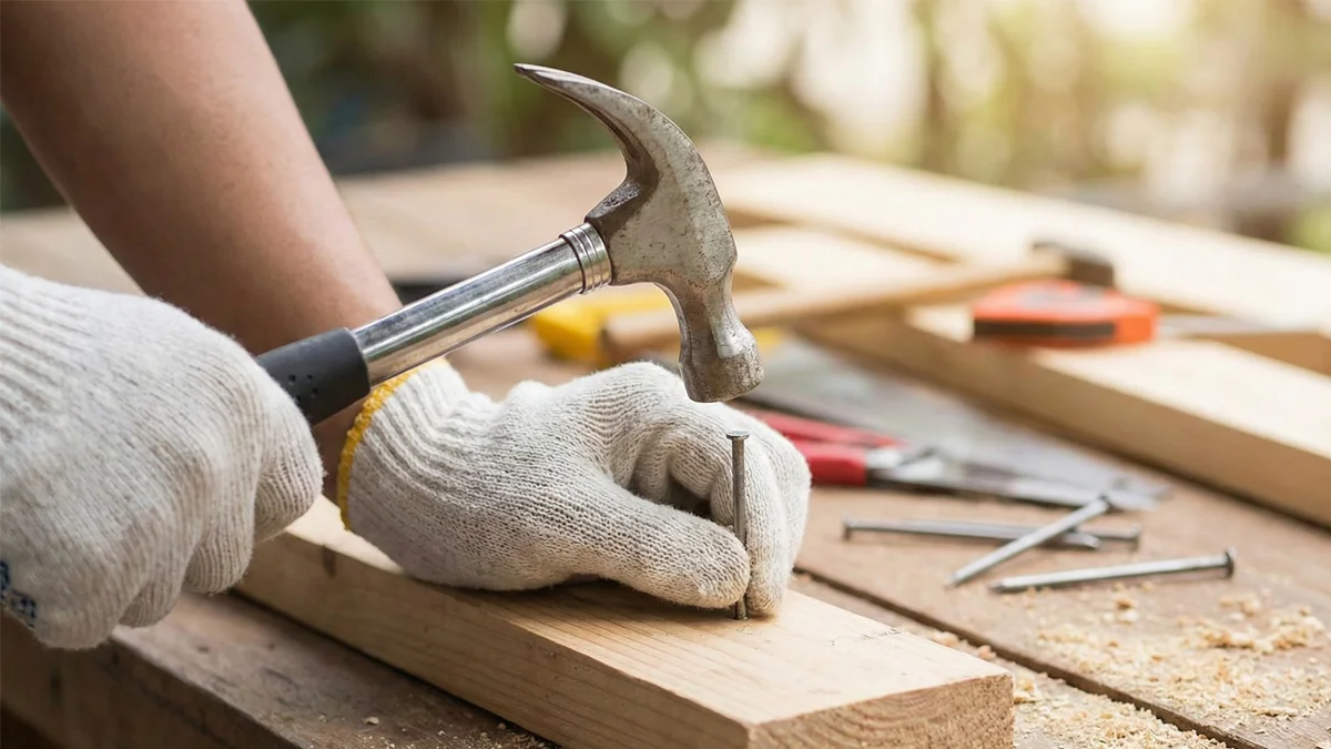 Gloved hands hammering a nail into a piece of wood, showing how to use a hammer.