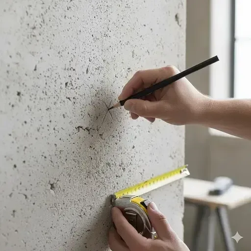 Hand using a pencil and tape measure to mark the drilling spot on a concrete wall