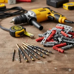 Masonry drill bits, hammer drill, and wall plugs laid out for a brick drilling project