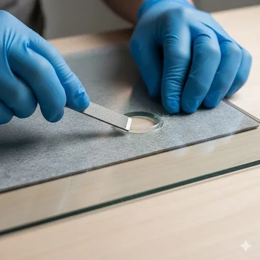 Gloved hands using a small file to smooth the sharp edges of a drilled hole in a glass panel