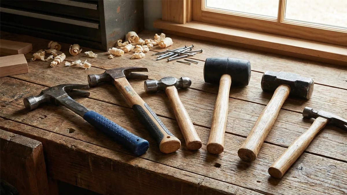 Various types of hammer arranged on a rustic wooden workbench with nails and wood shavings.