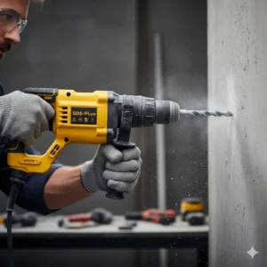 Worker wearing gloves and safety glasses using an SDS-Plus rotary hammer drill to bore a hole into a concrete wall