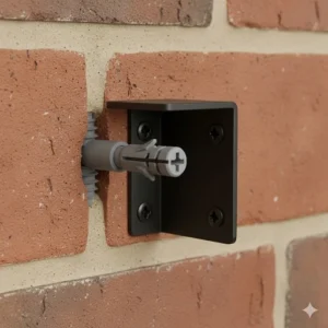 Wall plug and screw fixing a metal bracket securely into a drilled hole in a brick wall