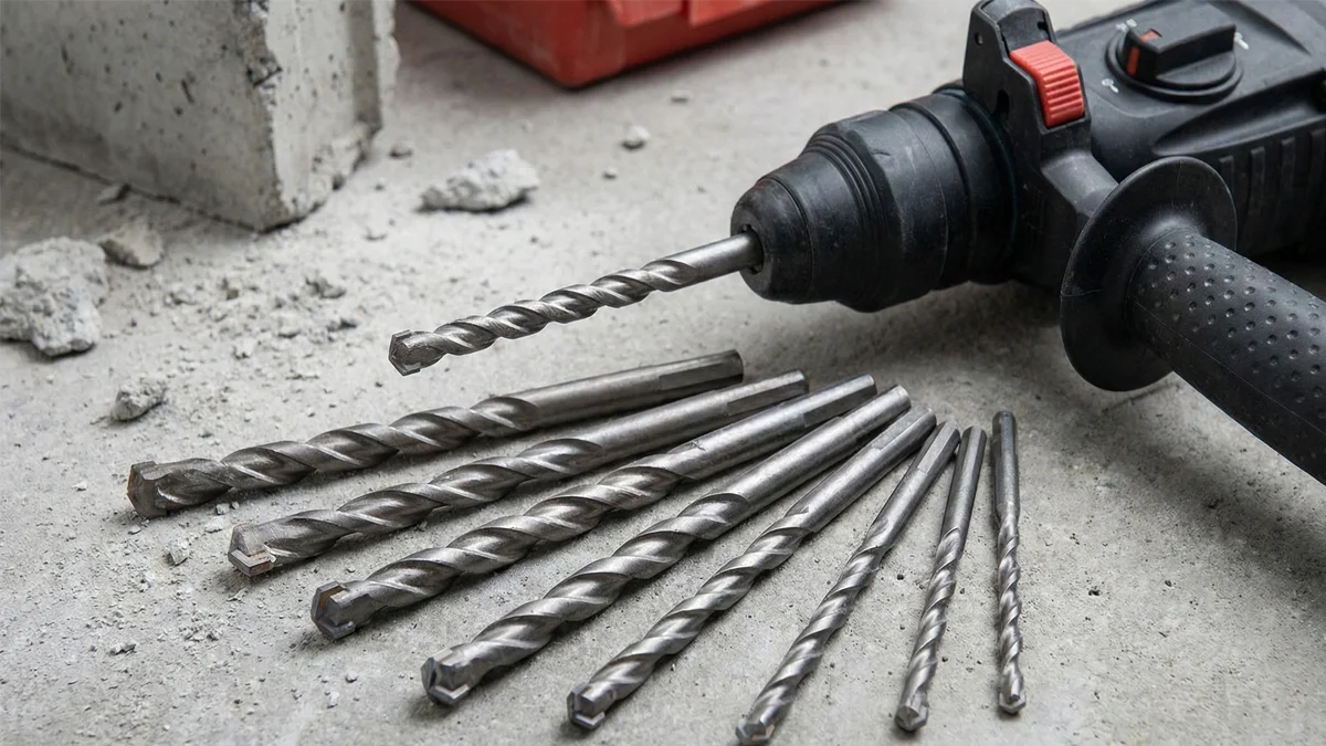A variety of different sized masonry drill bits for concrete are laid out beside a power drill.