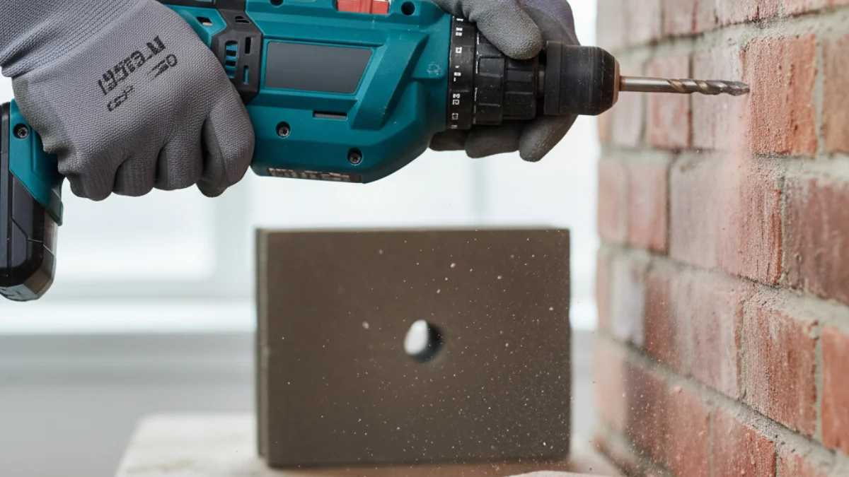 Assorted masonry drill bits used for drilling into brick and concrete lie on a wooden surface.