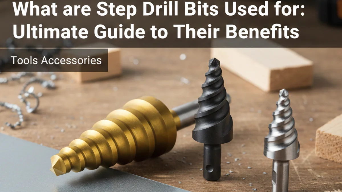 Step drill bits rest on a wooden workbench next to a metal sheet with clean holes.
