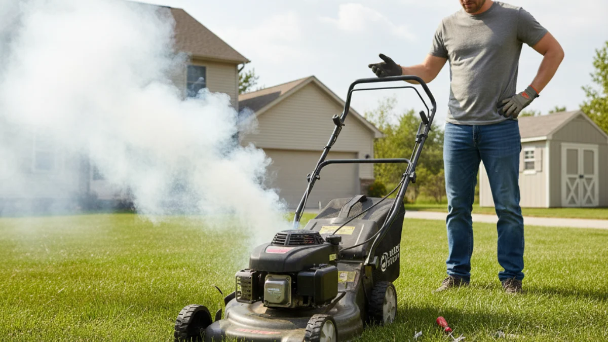 Lawn mower emitting white smoke on green grass during mowing