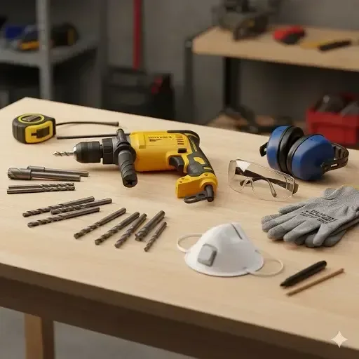 Hammer drill, masonry drill bits and safety gear laid out on a workbench for drilling into concrete