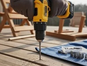 A person is using a yellow cordless drill to drive a screw into a wooden deck plank, showcasing efficient screw driving for home projects like deck building.