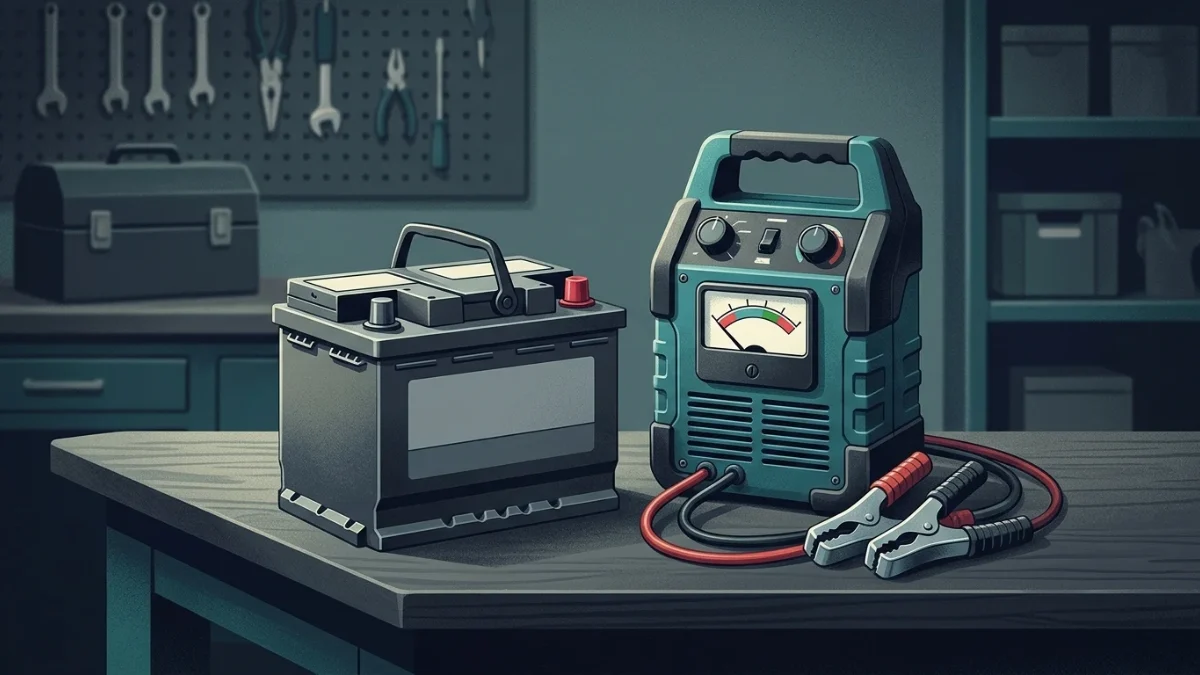 battery load tester and car battery on a workshop bench